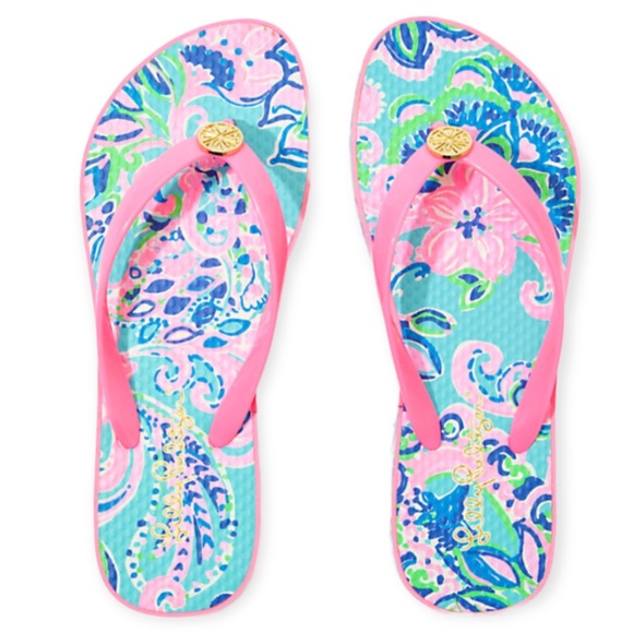 LILLY PULITZER Flip Flop Blue Horizon Jungle Sunrise Pool Shoe Sandal NWT - Picture 2 of 8